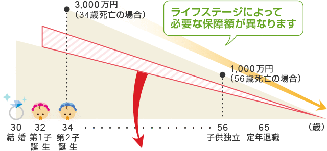 子どもの誕生や独立などのライフステージによって必要な保障額が異なります