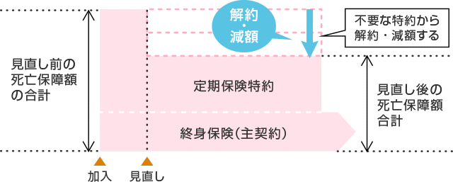 一定期間の保障を減額することや特約を解約することで見直しができます